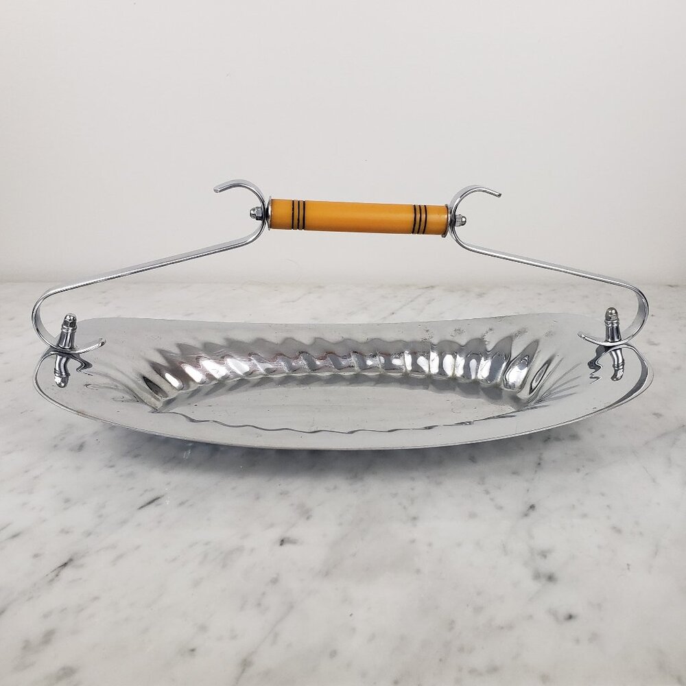 Vintage Art Deco Chrome Plated Serving Tray with Butterscotch Bakelite Handle
